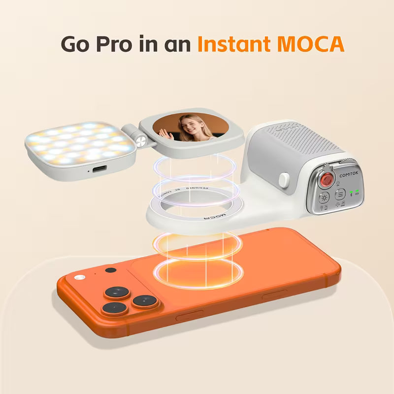 COMITOK MOCA Handheld Phone Grip – Mirror + LED Fill Light, One-Tap Camera, Rechargeable Remote for Creators