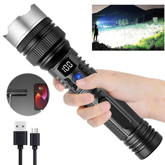 EXOVAN 2-in-1 Strong Flashlight (Power Bank),Digital display of power, Rechargeable,Zoomable, , X4Waterproof, Adjustable Brightness Flash Light for Outdoor, Emergency, Camping Accessories,Black