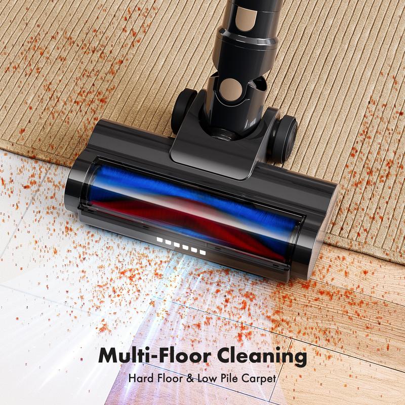 cordless vacuum features an 8-in-1 lightweight design with up to 45 minutes of runtime and 33Kpa of powerful suction. This rechargeable cordless vacuum is ideal for carpets, tiles, pet hair, and hardwood floors.