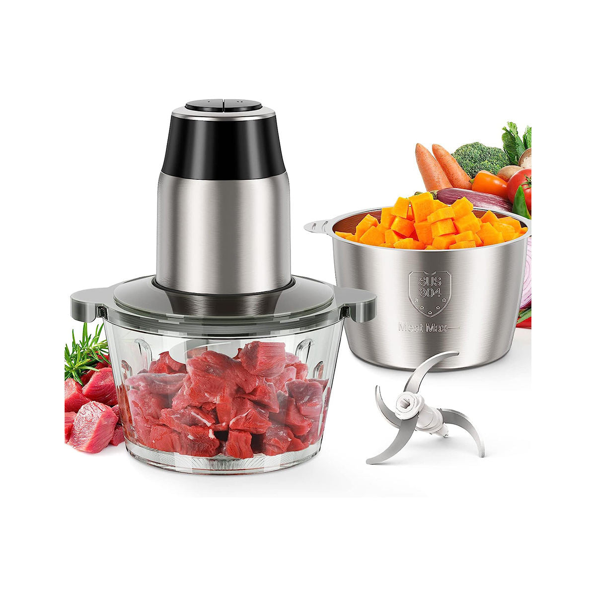 2-Speed Food Chopper Meat Grinder with 8 Cup Stainless Steel & 8 Cup Glass Bowls, Upgraded Button & Smart Overheat Protection Light - Includes Clean Brush, 2 Sets of Blades