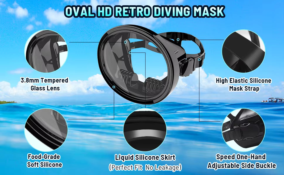 Oval Diving Mask, Retro-Style Sport Panoramic Wide-View Scuba Goggles with Tempered Glass Lens for Adults, Diving Gear