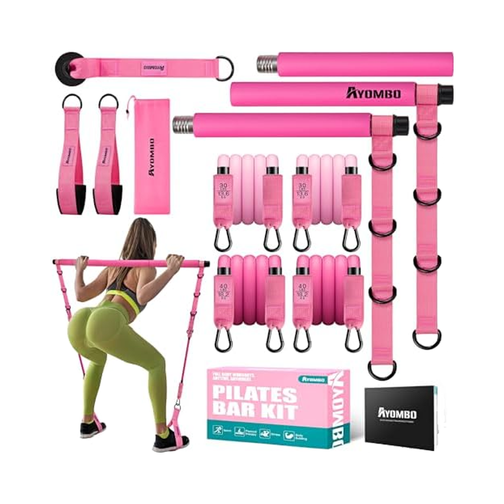 Pilates Bar Kit with Resistance Bands, Pilates Workout Equipment for Legs, Hip, Waist, Arm, Squats Exercise Equipment for Home Workouts, Adjustable 3-Section Pilates Bar Kit for Women & Men,Best Christmas Gifts for Dads/Moms/Boys/Girls