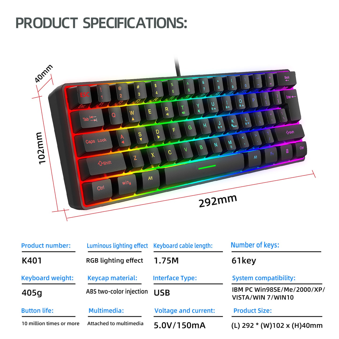 Keyboard k401 Mini 60% Gaming Keyboard, RGB Backlit 61 Key Ultra-Compact Membrane Keyboard, TS91 Ergonomic Waterproof Office Computer Keyboard for PC, MAC, PS4, Xbox ONE Gamer(Black)