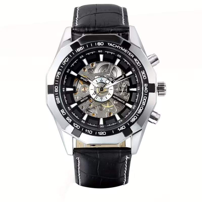 T‑WINNER 8042 Men's Waterproof Mechanical Watch – Skeleton Automatic Movement, Stainless Steel Bracelet with Date Window, 50m Water Resistance – Mechanical Art for Business & Casual Wear