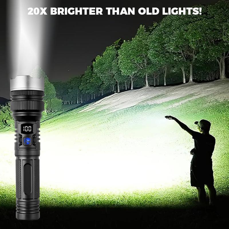 EXOVAN 2-in-1 Strong Flashlight (Power Bank),Digital display of power, Rechargeable,Zoomable, , X4Waterproof, Adjustable Brightness Flash Light for Outdoor, Emergency, Camping Accessories,Black