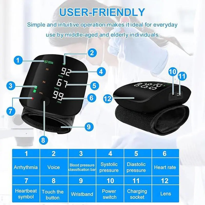 Wrist blood pressure monitor, rechargeable blood pressure monitor for home use, LED display, voice broadcast, wrist measuring instrument, touch screen wrist blood pressure cuff, 99x2 reading memory wrist blood pressure monitor, with carrying case.