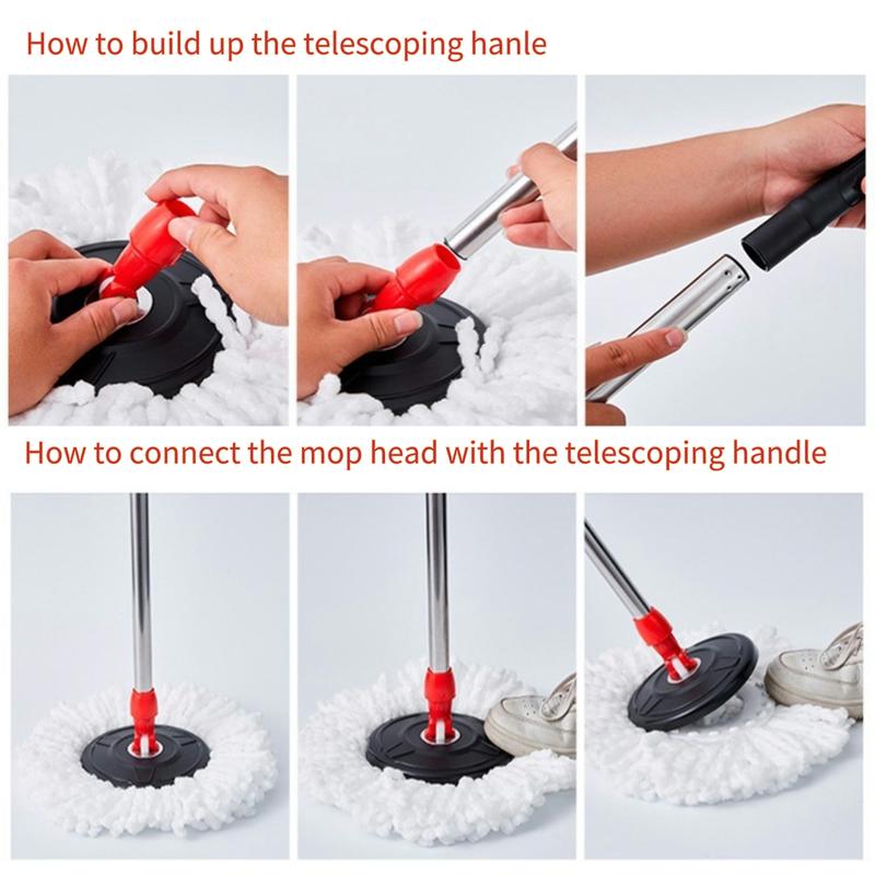 Spin Mop Bucket with Wringer Set, Operable 360 ° Rotating Mop Bucket Set, with 3 Microfiber Replacement Head ,Stainless Steel Mop Bucket 61 Inch Adjustable Handle Household Cleaning Tools Black Plastic