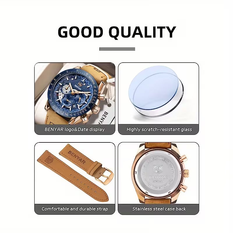 BENYAR Men’s Watch, Chronograph Analog Quartz Wristwatch, Fashion Sports Designer Timepiece, Waterproof Multi-Functional Trendy Quartz Watch, Ideal Gift Choice for Men