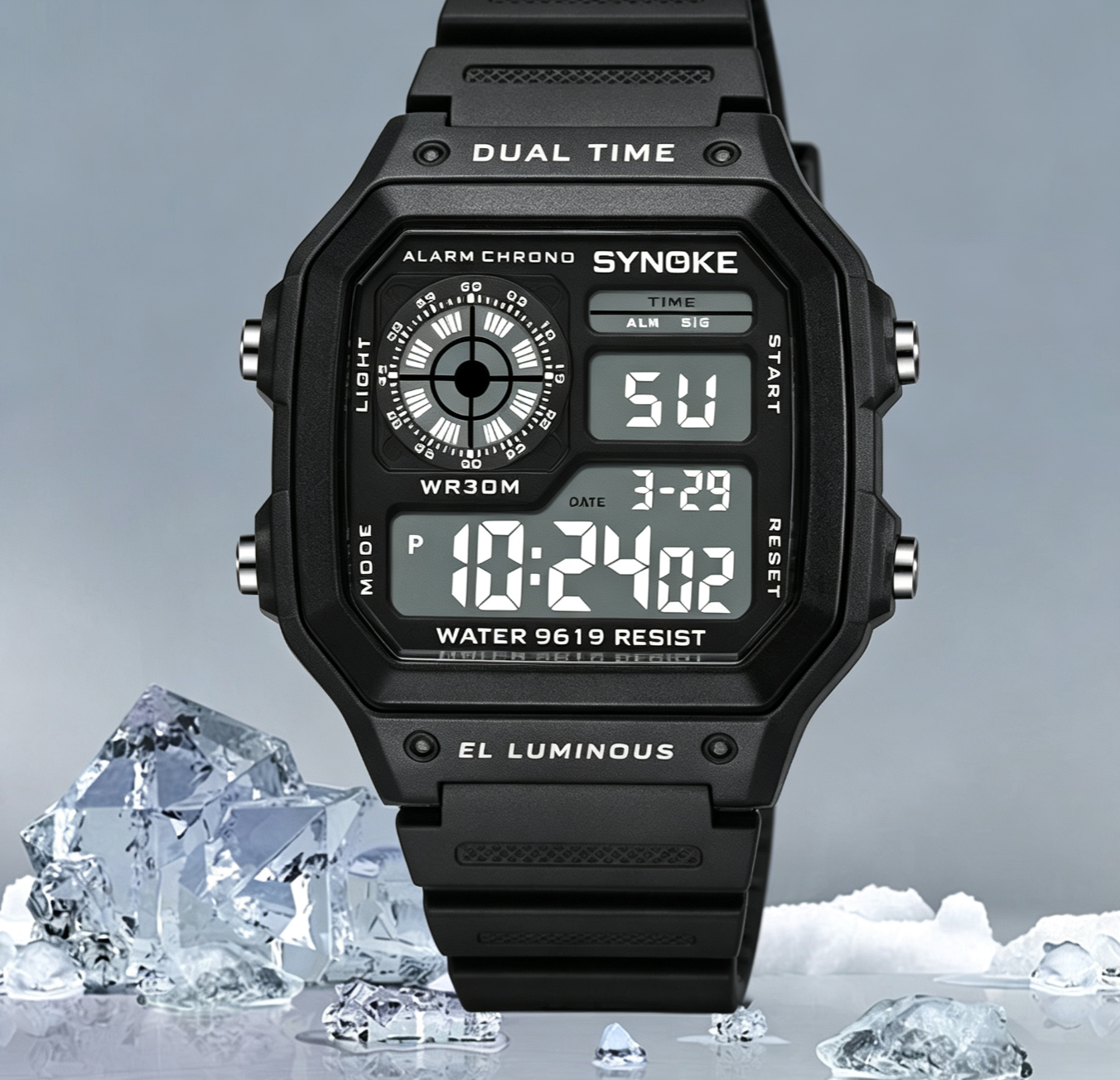 【SYNOKE】New 2026 Men's Digital Watch, Transparent Color, Multi‑Functional Outdoor Square Watch, Sports Luminous Function, Military‑Grade Quality, Waterproof and Dust‑Resistant