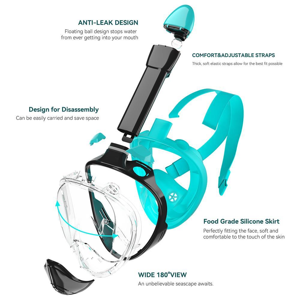 Full-Face Diving Mask, Anti-Fog & Anti-Leak Mask with Breathing Tube & Camera Mount, Water Sports Gear, Snorkeling Gear for Diving and Swimming Only adult size L/XL, suitable for head circumference over 12cm
