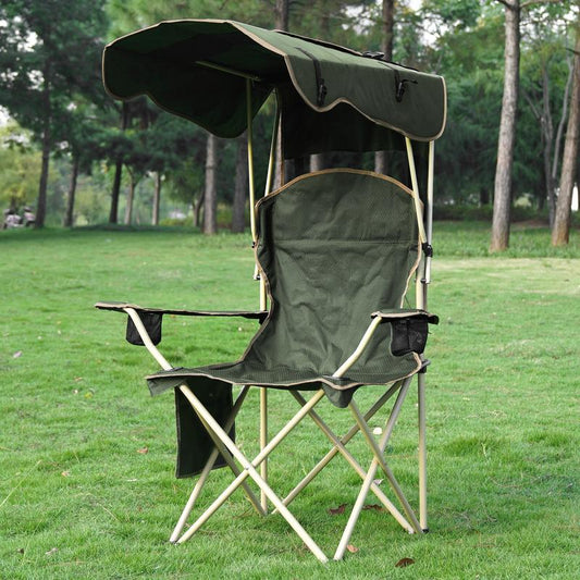 New Upgrade Wide outdoor chair, camping chair with foldable sunshade, suitable for beach camping, foldable outdoor fishing/sports | Comes with two cup holders and storage bag