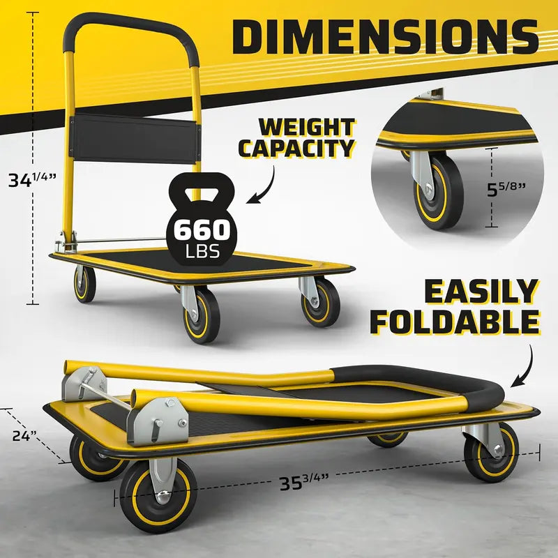 【flash sale】Upgraded Foldable Push Cart Dolly |  330 Pound Capacity Moving Platform | Heavy Duty Space Saving Collapsible | Swivel Push Handle Flat Bed Wagon cart