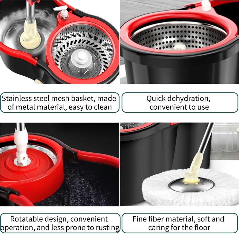 Spin Mop Bucket with Wringer Set, Operable 360 ° Rotating Mop Bucket Set, with 3 Microfiber Replacement Head ,Stainless Steel Mop Bucket 61 Inch Adjustable Handle Household Cleaning Tools Black Plastic