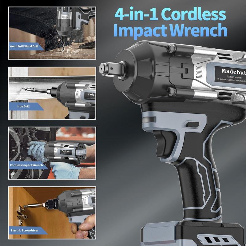 600N.m Cordless Impact Wrench, Cordless Impact with 2 * 4.0Mah, 3-IN-1 Electric Impact Wrench with 5 Sleeves, High Torque 1/2 Impact Wrench