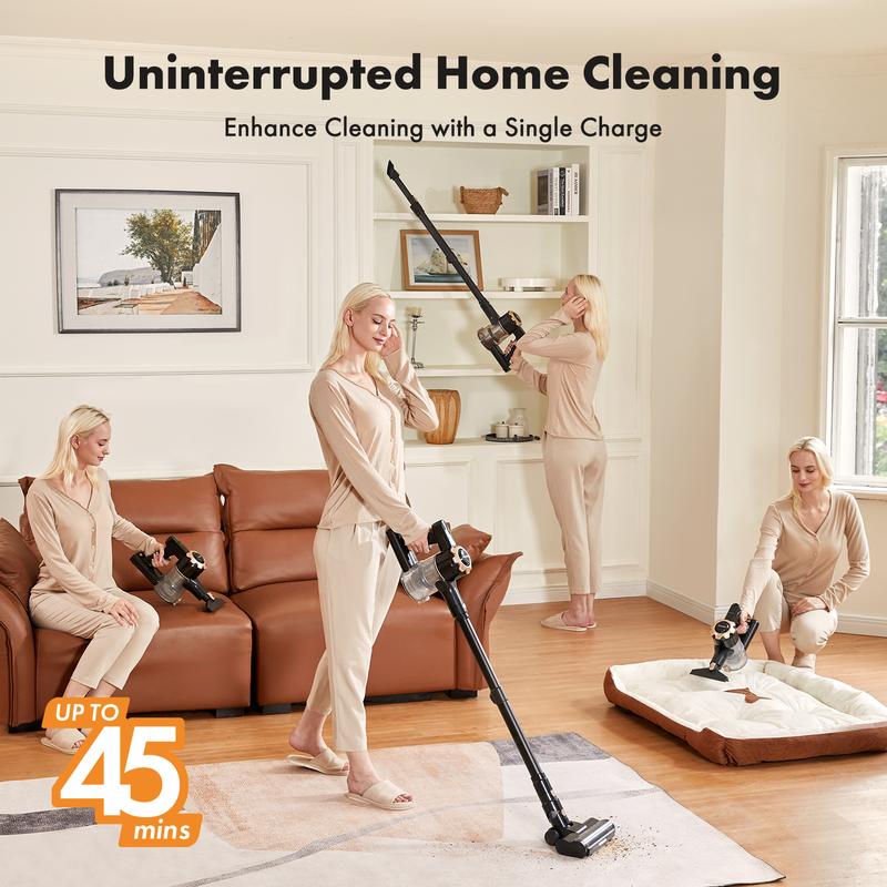cordless vacuum features an 8-in-1 lightweight design with up to 45 minutes of runtime and 33Kpa of powerful suction. This rechargeable cordless vacuum is ideal for carpets, tiles, pet hair, and hardwood floors.
