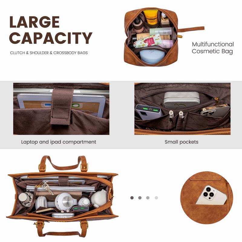 Canvas Laptop Tote Bag 15.6 and 17.3 inches for Women with Clutch Purse, Lightweight Tote Bag with 2 Cup Holder, Purses for Women, Computer bag for Work, Office, Casual. Christmas Gift Ideas