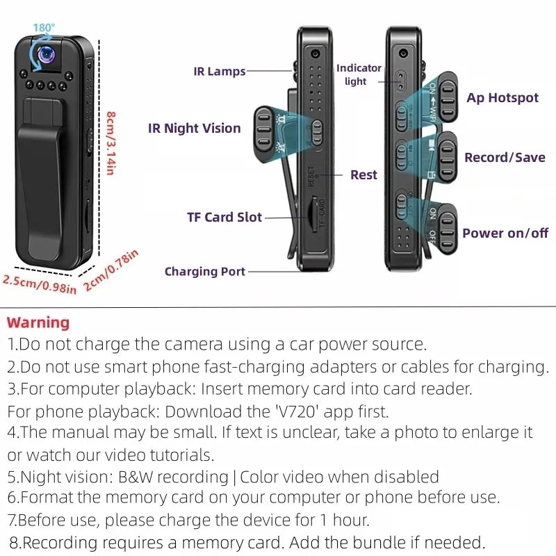 Wireless Vlog Body Camera, Wearable Body Cam with Night-Vision & 180° Rotation Lens, Portable Sport DV Camcorder for Outdoor Sport Skiing Cycling Hiking