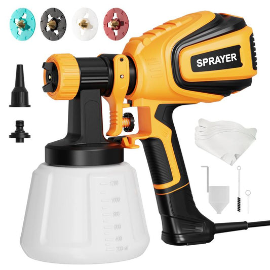 Paint Sprayer, 700W HVLP Paint Sprayer with Cleaning & Blowing Joints, 4 Nozzles and 3 Patterns, Easy to Clean, for Furniture, Cabinets, Fence, Walls, Door, Garden Chairs etc.