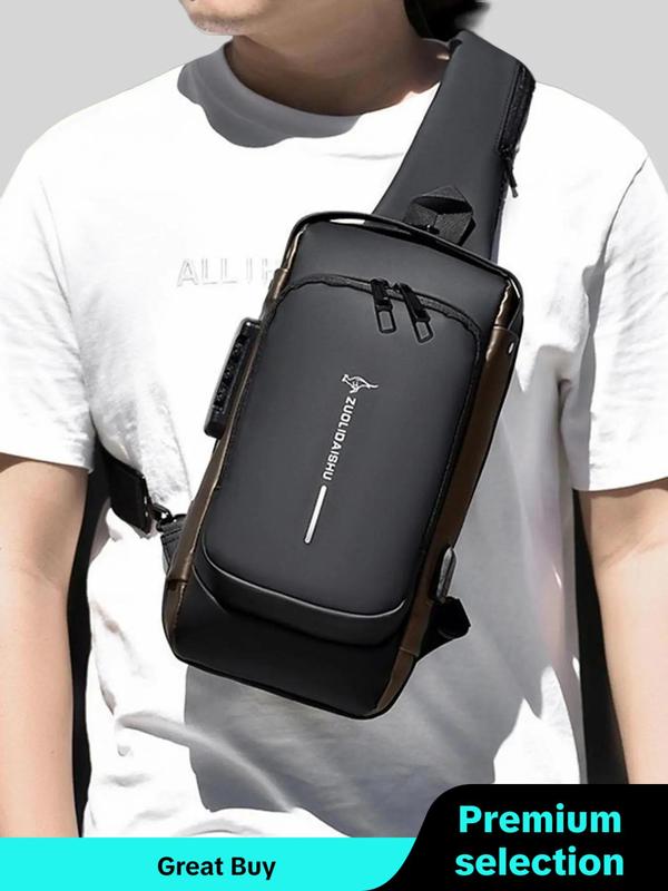 Letter Pattern Zipper Pu Sling Bag with Password Lock for Summer 2024, Waterproof Travel Business Chest Bag, Male Simple All-match Crossbody Bag As Gift, Designer Inspired Bags, 80s Luxury Aesthetic Crossbody Bags Valentine's Day, Gift for Him, Work Bag