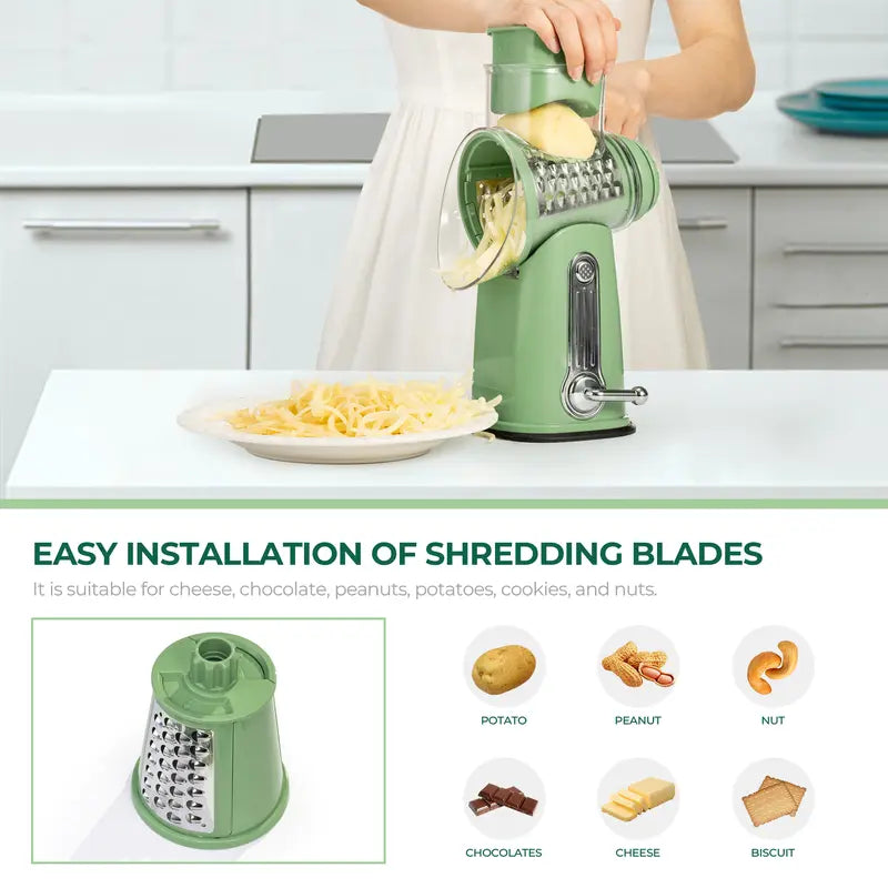 Rotary Cheese Grater with Handle, 5 Well-Designed Blades, Strong Suction Cup Base, Kitchen Utensils