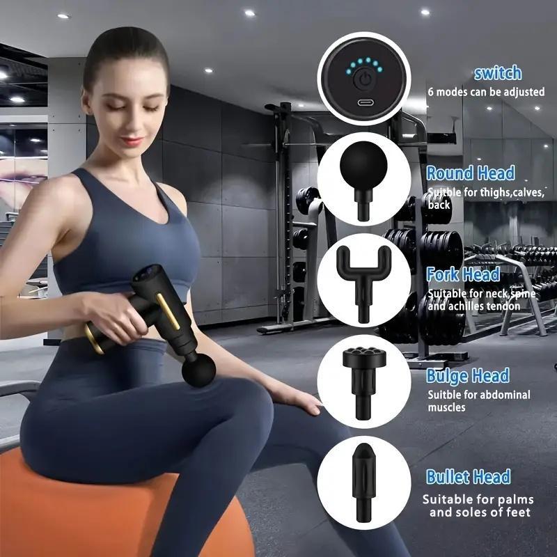 Home portable USB rechargeable 6-speed body massage gun, adjustable multifunctional body fascia gun . Perfect for muscle recovery, neck & back pain relief, and post-workout relaxation; 4 replaceable heads; Ultra-quiet brushless motor, black