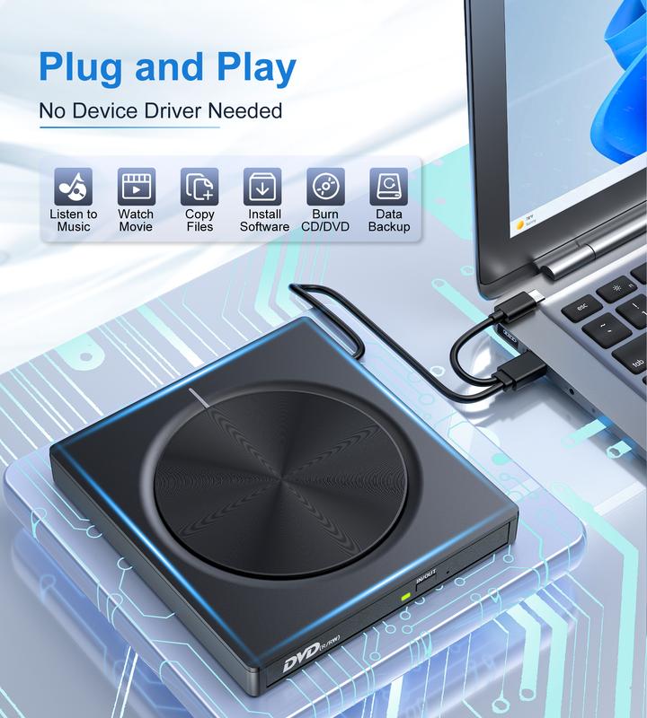 DVD Player, Plug and Play CD-ROM Drive for PC & Laptop, High-Speed 8 in 1 USB 3.0 CD/DVD Burner, Compatible with Mac, Windows 11/10/8/7 Portable