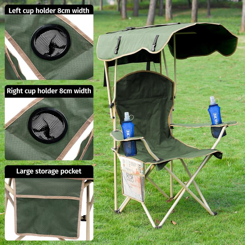 New Upgrade Wide outdoor chair, camping chair with foldable sunshade, suitable for beach camping, foldable outdoor fishing/sports | Comes with two cup holders and storage bag