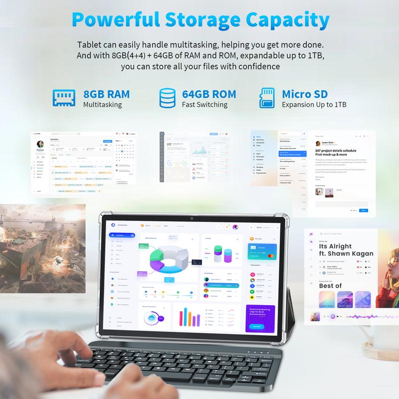 Tablet 10.1 Inch Android 14, 2 in 1 Portable Device with Keyboard, Mouse, Case, Stylus, 8(4+4)GB RAM 64GB ROM, Dual Camera, for School Gift