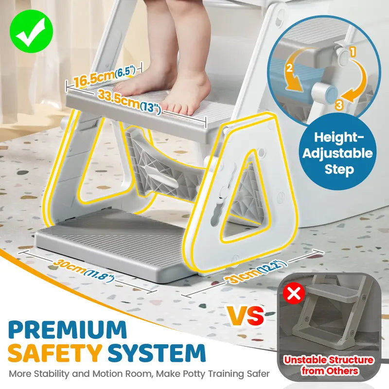 2-IN-1 Potty Training Toilet Seat with Step Stool for Toddler, Stability Training Potty Seat for Kids Boys Girls with Splash Guard and Anti-Slip Pad, Adjustable Ladder & Potty Seat Height, Grey