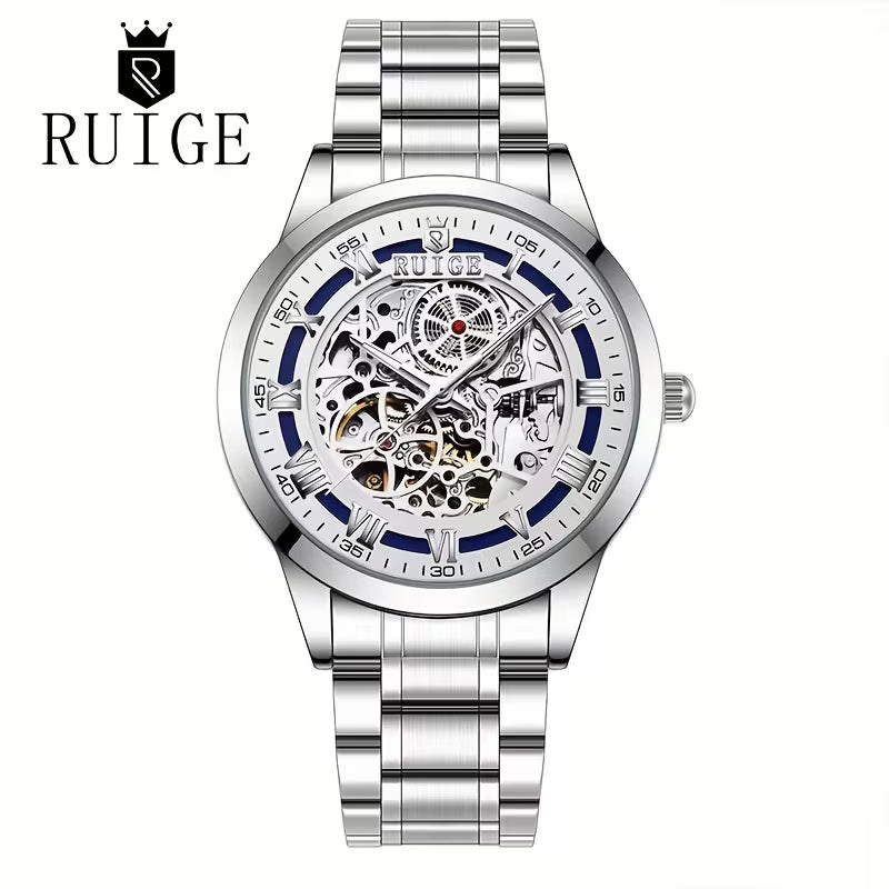RUIGE Double-Skeleton Automatic Mechanical Watch – Dual-Side Exhibition Case, Stainless Steel Bracelet, Luminous Dial, 30M Waterproof for Business & Casual Wear