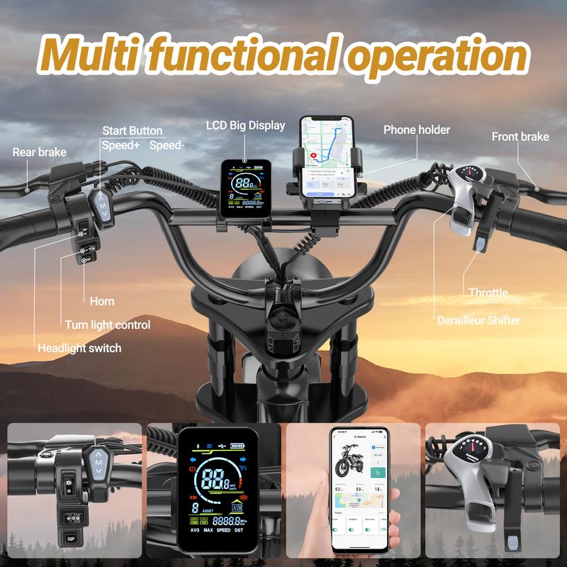 Electric Bike, Peak Power 1500W, Full Suspension, Top Speed 31 MPH, Range 40-70 Miles, 48V 18Ah Removable Battery, 2-Seater Design, LED Headlights, 20-Inch All-Terrain Fat Tires, UL 2849 Certified. Ebike Electric Motorcycle