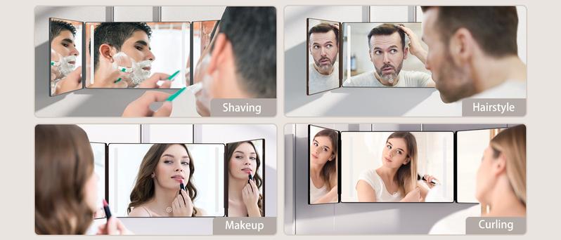 Adjustable LED Light 3 Way Mirror, Portable Trifold Mirror for Shaving, Grooming, Hair Styling, Dye Hair, Makeup, Braiding, 360 Degree Mirror