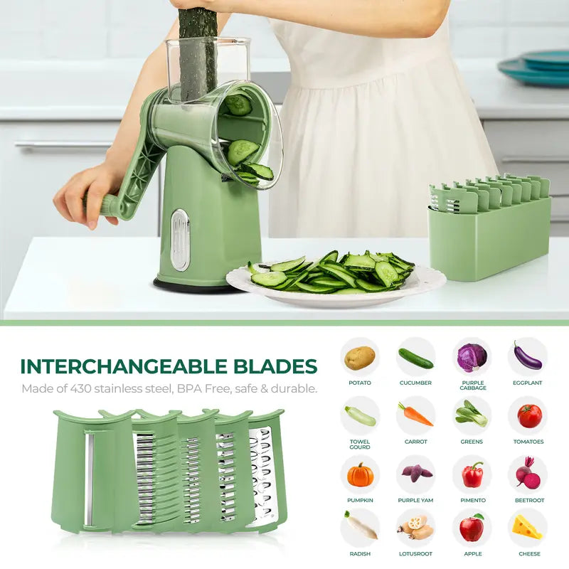 Rotary Cheese Grater with Handle, 5 Well-Designed Blades, Strong Suction Cup Base, Kitchen Utensils