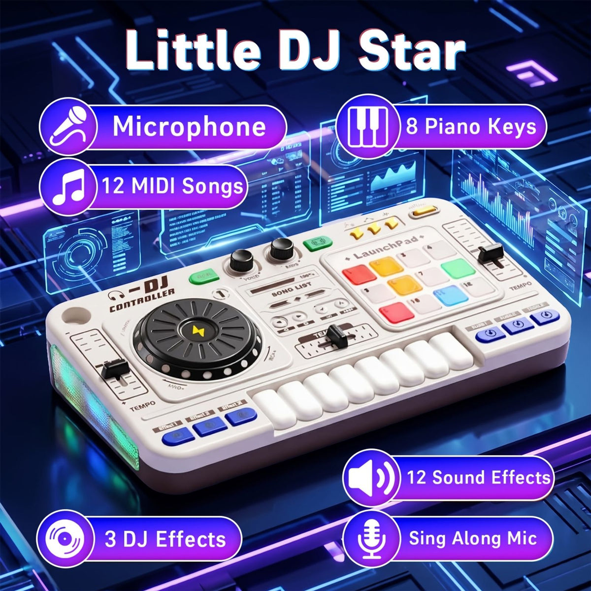 儿童多功能dj混音控制器套装玩具,带led灯 音效 麦克风 钢琴dj板键乐器,适合儿童的互动音乐玩具/100 多种音效 image 11