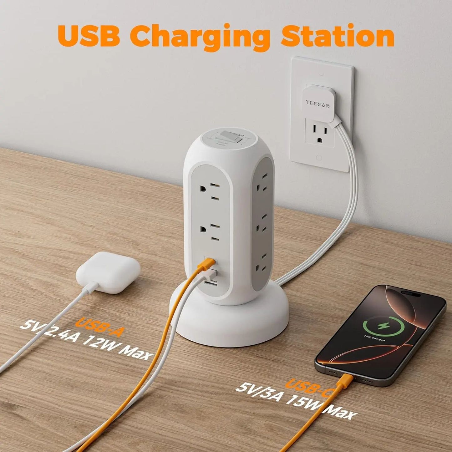 SummerGarden Tessan retractable extension cord power strip,1625W Surge Protector , Cord Management,Home, Office ,Dorm,Kitchen Essentials,11 Outlets & 3 USB Ports image 8