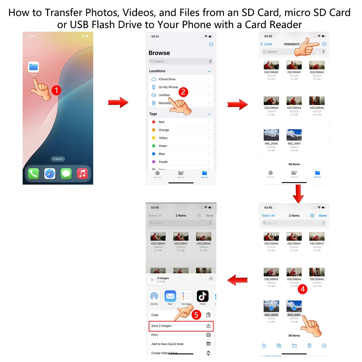5 in 1 SD Card Reader for iPhone, iPad & Android — Dual USB C/Lightning Adapter, Supports SD/Micro SD/USB/Camera, Fast USB 3.0 Transfer, Plug & Play, No App Needed(32GB storage card option available)