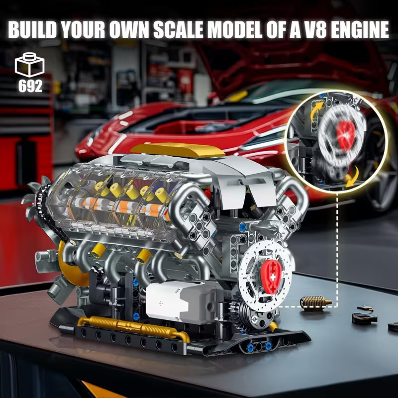 GOQI 3053-YC614 Mechanical Engine Building Set – L‑Type Inline Cylinder Model, 847pcs, Motorized Moving Parts, STEM Educational Toy Gift for Boys