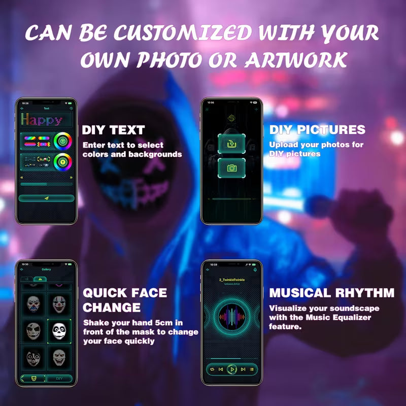Face Transforming LED Mask, Bluetooth App Programmable, Gesture Control, 115 Built-in Patterns, DIY Custom Edit, Light Up Mask for Halloween, Bar, Carnival Party (Battery Not Included)