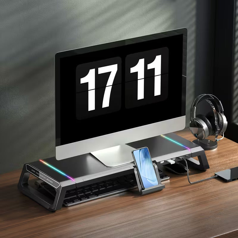 Multi‑Function Monitor Riser – Foldable & Height‑Adjustable Stand with USB Hub, Storage Drawer for Laptops, Tablets & Smartphones – Desktop Organizer