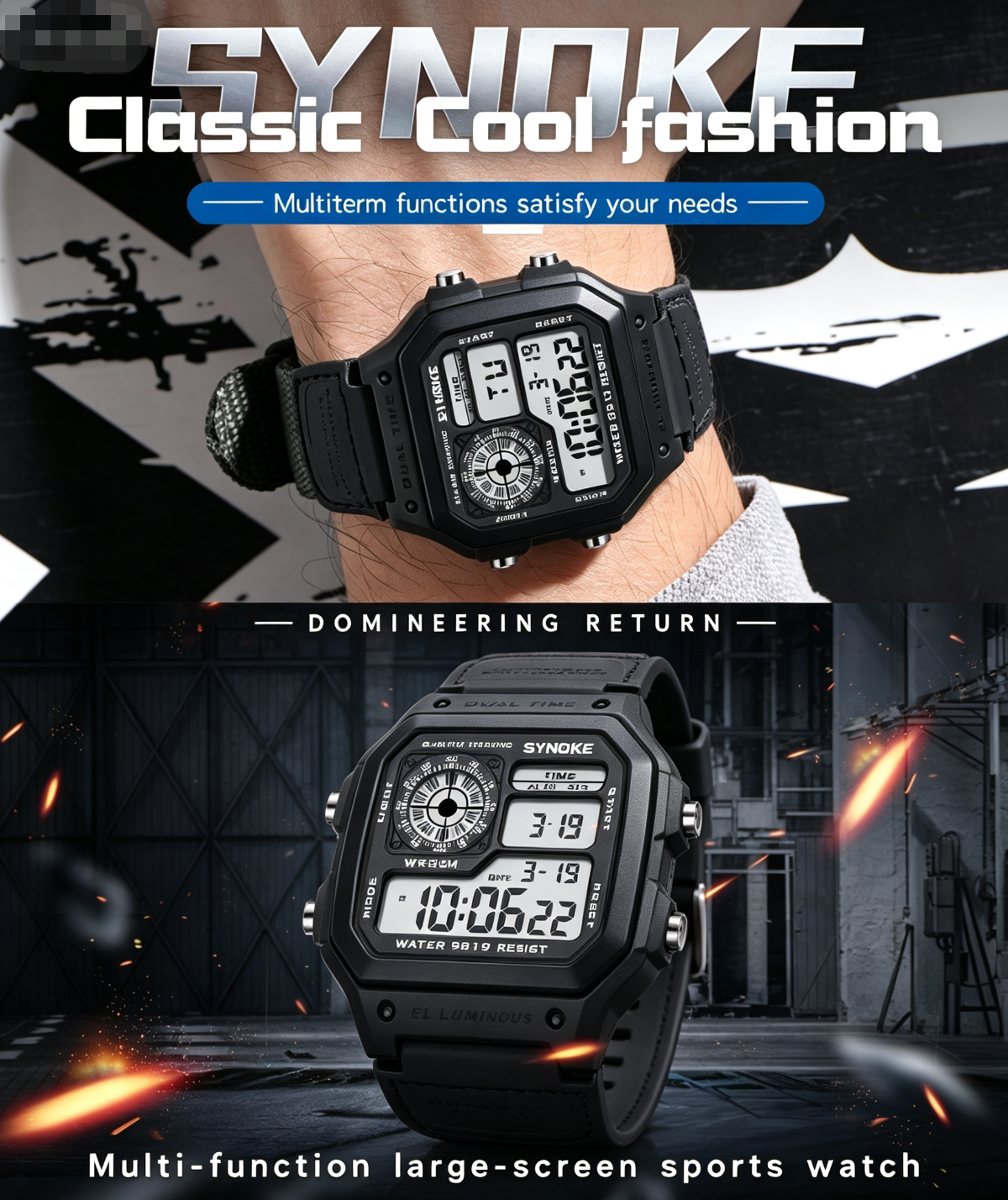 【SYNOKE】New 2026 Men's Square Watch, Retro Digital Watch, Luminous, Waterproof and Dust‑Resistant, Sporty Fashion Style, Must‑have for Men, Ideal for Festivals and Birthday Gifts