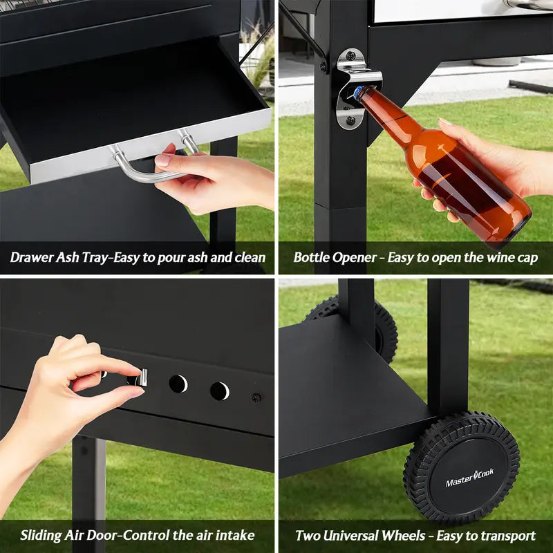 MASTER COOK Charcoal Grill with Two Side Tables, Heavy-duty Steel Barbecue BBQ Grill for Outdoor Picnic Backyard Patio and Parties, Black