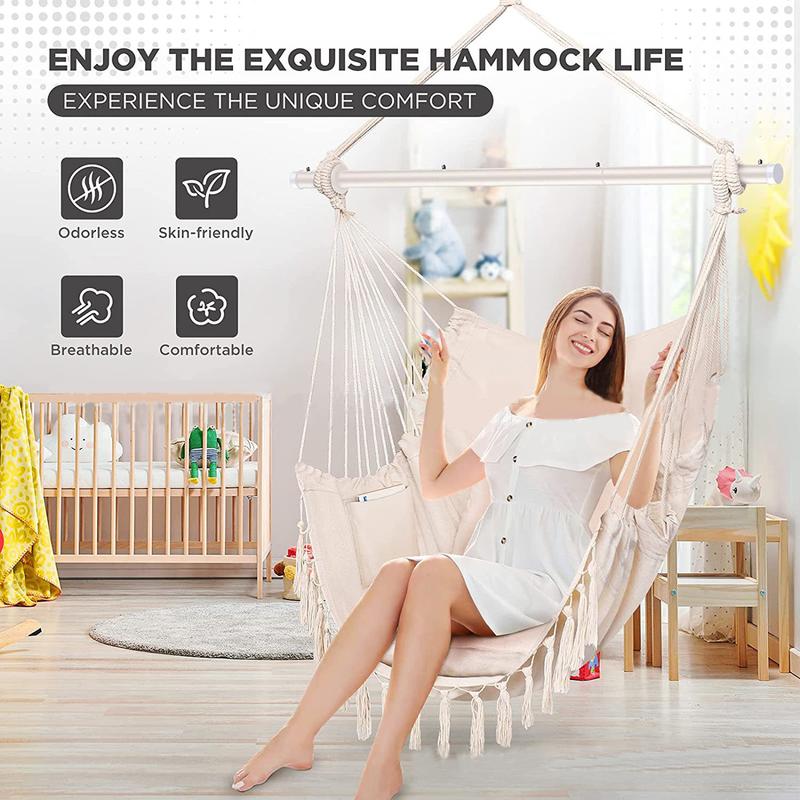 Indoor Outdoor Hammock Chair Swing,330Lbs Max,Removable Steel Bar,Anti-Slip Rings,with Cushions&Pocket,for Home Patio Yard