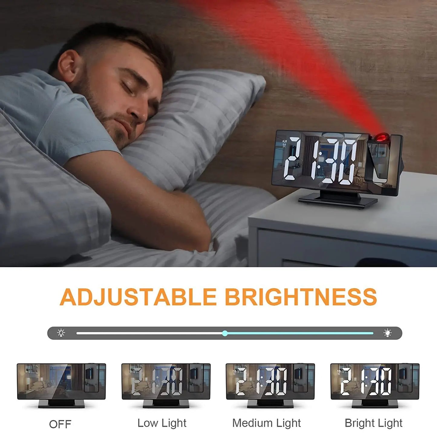 LED Digital Projection Alarm Clock 7.8" Large Display 180° Rotatable Projector Date Week Display Adjustable Brightness Sleep Mode Voice Control 12/24H Time Format image 3