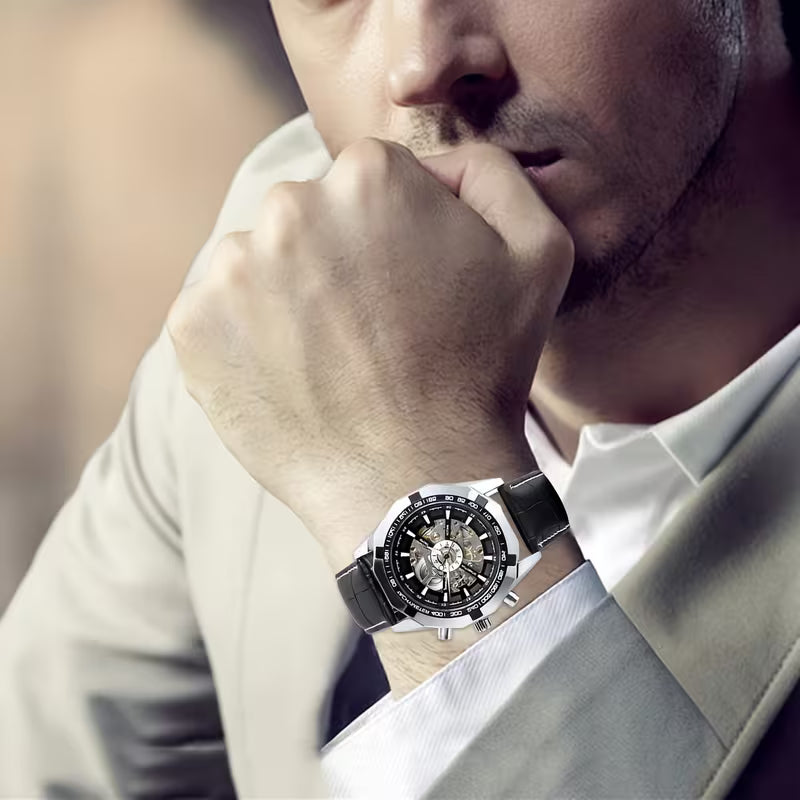 T‑WINNER 8042 Men's Waterproof Mechanical Watch – Skeleton Automatic Movement, Stainless Steel Bracelet with Date Window, 50m Water Resistance – Mechanical Art for Business & Casual Wear