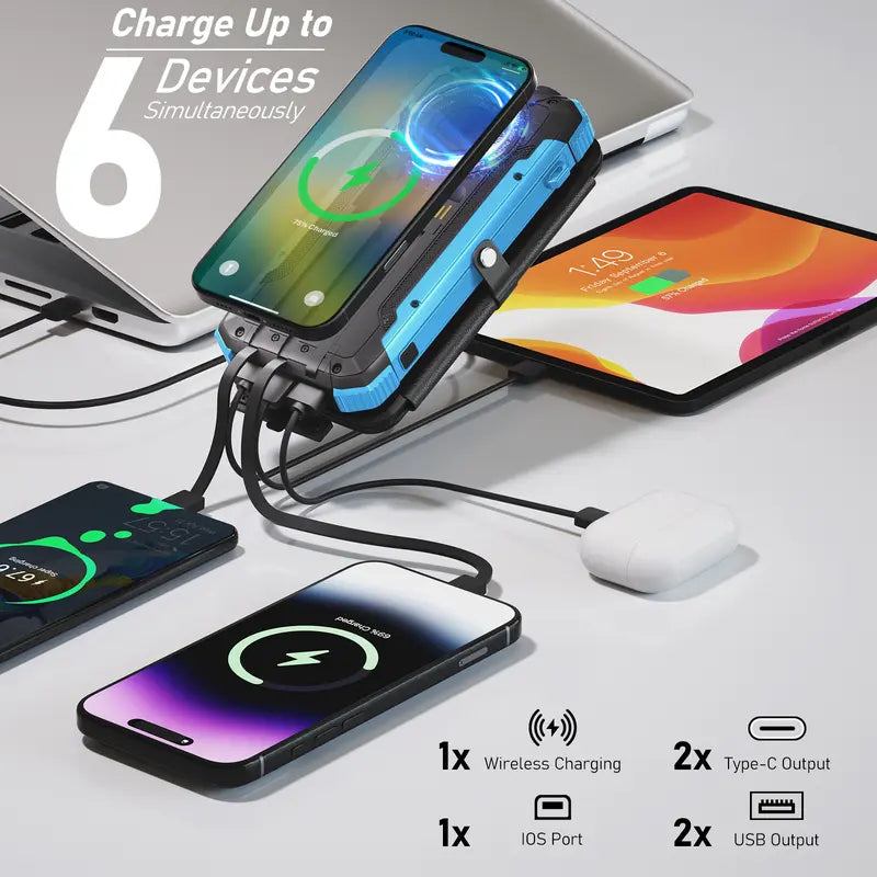 20000mAh Blue Black Solar Power Bank with 4 Foldable Solar Panels, Wireless Charging PD 15W Fast Charger, 3 Built-in Cables 6 Ports Portable Solar Charger with Dual Flashlights & Carabiner