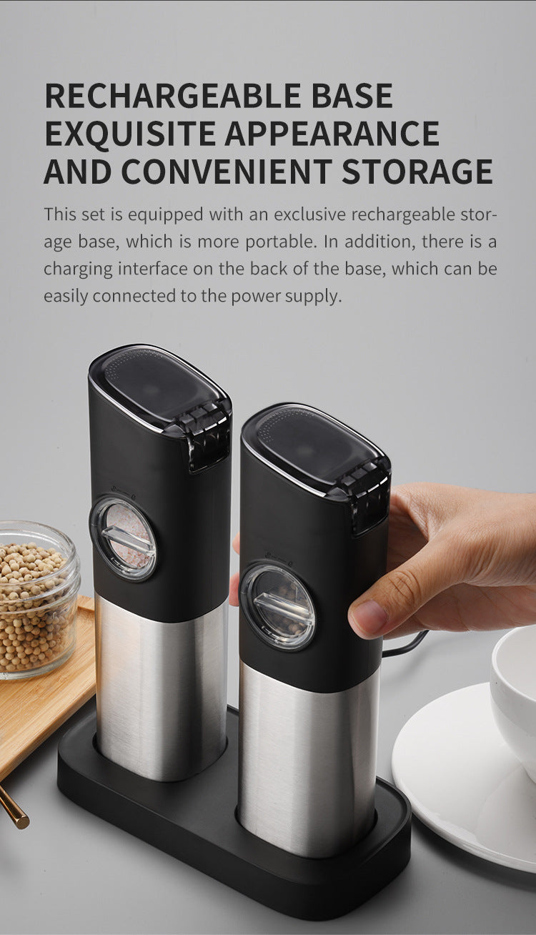 Electric Salt & Pepper Grinder Sets, 2pcs Rechargeable, Adjustable, Modern Stainless Steel Construction, Seasoning Auto Dust Lids, LED one-hand operation Kitchen Utensils
