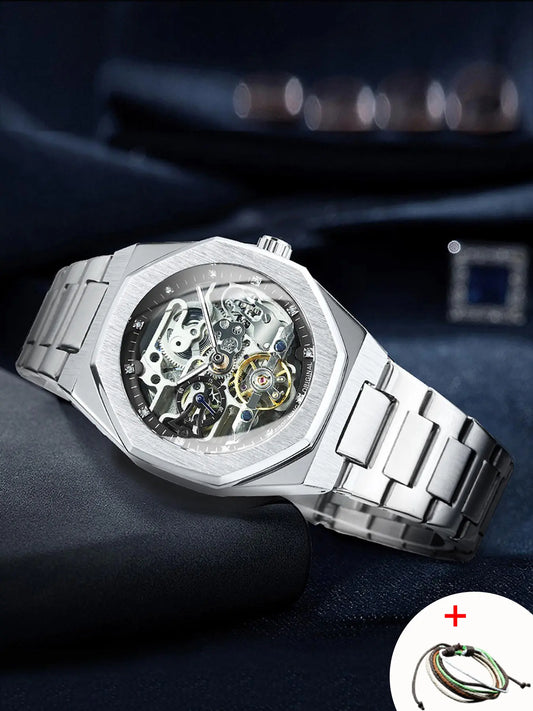 Men's Classic Business Rhinestone Decorated Analog Mechanical Watch, Fashionable Wristwatch for Men, Stylish Watch, Luminous Hands Watch for Party, Daily Clothing Decor, Watch for Birthday Gift with Box, Stainless Steel Wristwatch