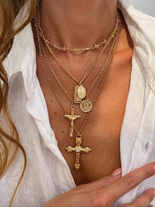 4-Piece Vintage Metal Geometric Circle Pendant Layered Necklace Set, Women's Punk Style Jesus Cross Pendant Jewelry, Unique Fashion Accessories, Jewelry Accessory, Fashion Jewelry Party