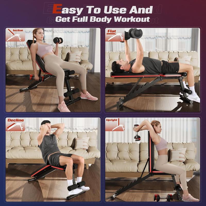 Adjustable Weight Bench Workout Bench for Home Gym, 15 Degree Decline Sit-Up, Resistance Bands/No Resistance Bands