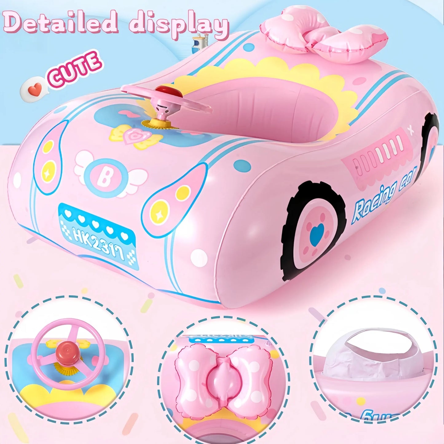Cash on Delivery – Pink Water Car Shape Swimming Ring – Kiddie Inflatable with Water Car Design, Detachable Sunshade, Thickened Baby Seat – Suitable for Indoor & Outdoor Pools, Swim Ring